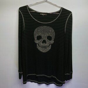 WOMEN'S STYLE & CO SKULL SEQUIN LONG SLEEVE TEE  - BLACK STRIPED - SIZE XL
